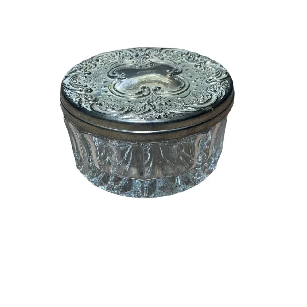 Vintage Silver Plate Crystal Glass Trinket Box Powder Jar W/ Mirror Hong Kong